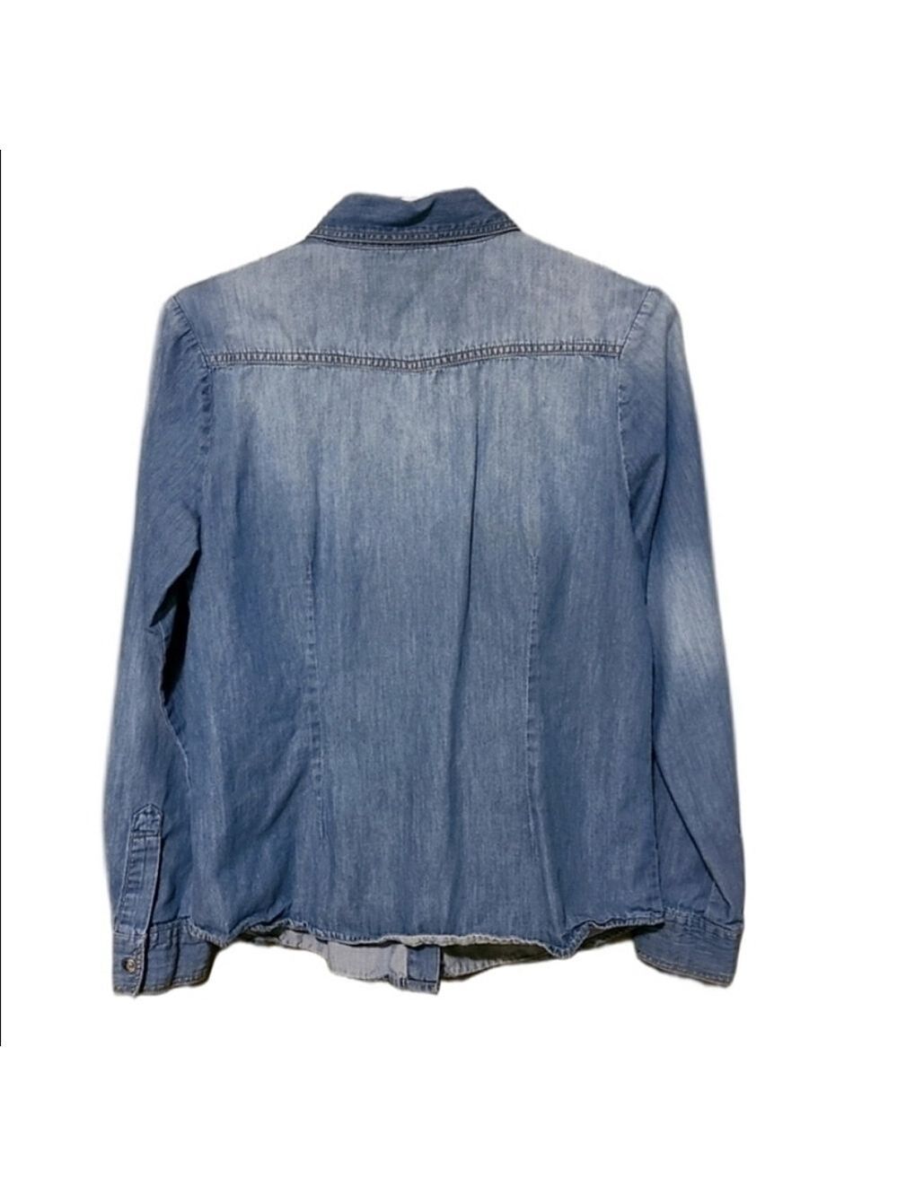 Fashion Web Medium Wash Denim Western Pearl Snap Shirt Faded Blue Chambray Top - Picture 4 of 9